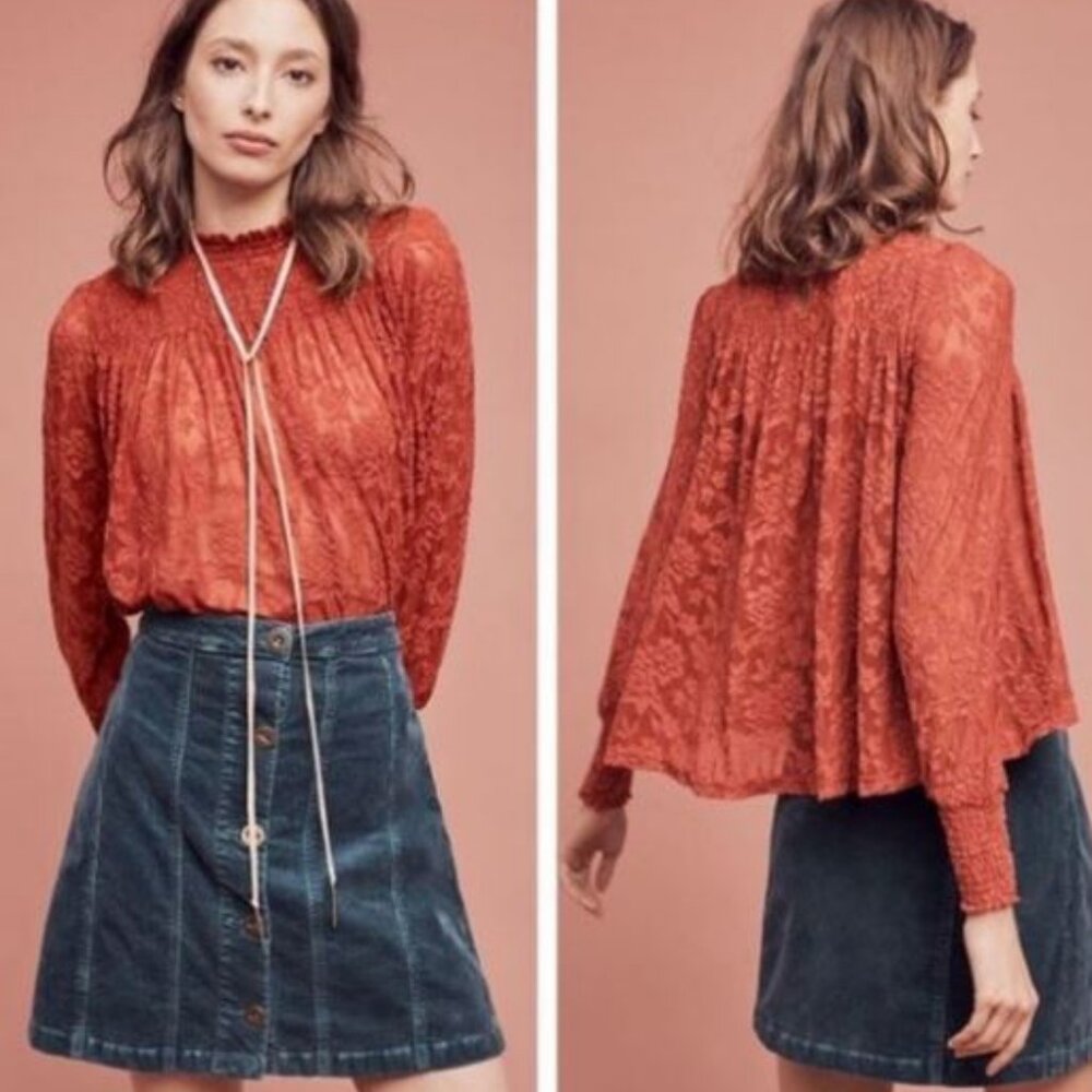 Anthropologie Deletta Amanna Lace Peasant Blouse Floral in Rust Color Sz Lg